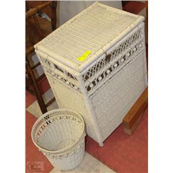 WHITE WICKER GARBAGE CAN AND LAUNDRY HAMPER