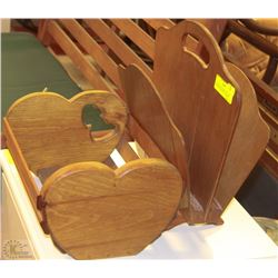 VINTAGE MAGAZINE RACK AND WOODEN HEARTFRUIT BASKET