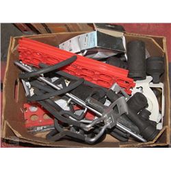 BOX WITH IMPACT SOCKETS AND GARAGE WALL HANGERS