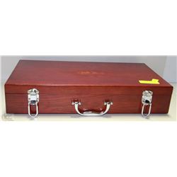 WOODEN BOX WITH LOCKING CLASPS AND HANDLE