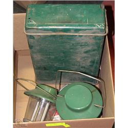 BOX WITH COLEMAN STOVE AND 2 LANTERNS