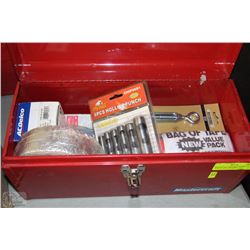 RED METAL TOOL BOX WITH 6 HOLE PUNCH, NEW TAPES &