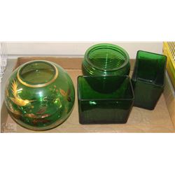 4 DEPRESSION GLASS DARK GREEN PIECES AND ONE ROSE