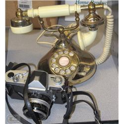 BOX WITH NIKON CAMERA  AND VINTAGE CRADLE PHONE