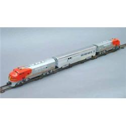 A Lionel '0' gauge Double 'Santa Fe' locomotive, No 2333-20, with silver, red and yellow livery,...