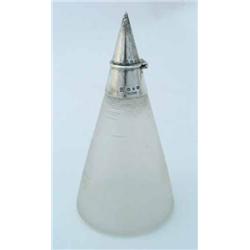 A conical decanter, of tapering form, with ribbed glass body, the hinged silver top forming a con...