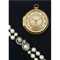 A George I gold pair-cased verge pocket watch, by S. Hanet, London, with engraved dial and roman...