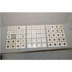 Three sheets of Canadian coins including pennies, nickels, quarters, nine pre-1967 half dollars