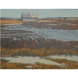 Framed acrylic on masonite "Spring Run Off" marked on verso Springfield Municipality, Manitoba, sign