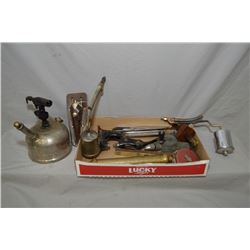 Selection of vintage tools including cutters, scribe, oilers, lantern etc.