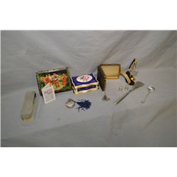 Tray lot of collectibles including Birks silverplate clothes brush, sterling shoe horn, sterling per