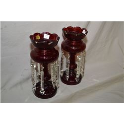 A pair of Victorian ruby flash girandoles with hanging lustres