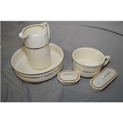 Vintage P. Rerout Maastricht Pottery chamber set including wash bowl and jug, chamber pot, lidded to