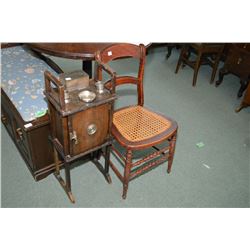 Vintage walnut smoker's stand with attached cigarette box, match holder and single door plus a side 