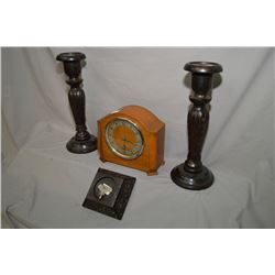Vintage English quarter cut oak mantle clock plus a selection of wooden carved candle holders