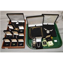 Two tray lots of new costume jewellery including "Granger Time Turner" necklaces, gold plated neck c