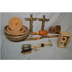 Selection of First Nations collectibles including baskets, rattle, hide knife, two brass totems and 
