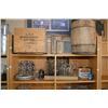 Image 1 : Two shelf lots of collectibles of primitive kitchen items including butter box, milk bottles, tins,