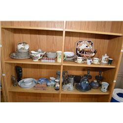 Two shelf lots of collectibles including signed Skookum vase, Imari teapot with trivet, cups and sau