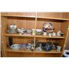 Image 1 : Two shelf lots of collectibles including signed Skookum vase, Imari teapot with trivet, cups and sau