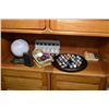 Image 1 : Selection of collectibles including pink quartz globe, gemstone eggs, marble solitaire game etc.