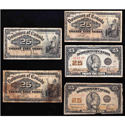 Set of (5) Twenty Five Cent Dominion of Canada Bank Notes
