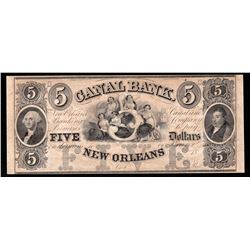 1800s $5 Canal Bank New Orleans Obsolete Bank Note