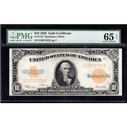 1922 $10 Gold Certificate Large Note PMG Gem Uncirculated 65EPQ