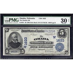 1902 $5 National Bank of Omaha Nebraska Bank Note PMG VF30 Net