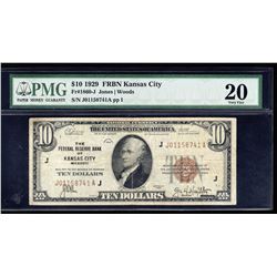 1929 $10 Federal Reserve Bank of Kansas City MO Note PMG VF20