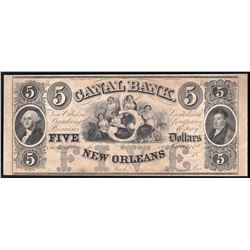 1800s $5 Canal Bank New Orleans Obsolete Bank Note
