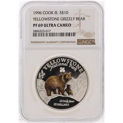 1996 $10 Cook Island Yellowstone Grizzly Bear Silver Coin NGC PF69 Ultra Cameo