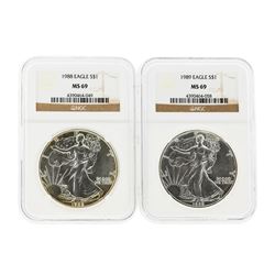 Set of 1988-1989 $1 American Silver Eagle Coins NGC MS69