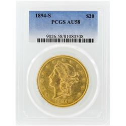 1894-S $20 Liberty Head Double Eagle Gold Coin PCGS AU58