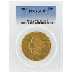 1881-S $20 Liberty Head Double Eagle Gold Coin PCGS AU55