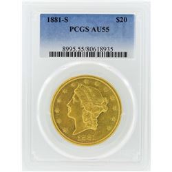 1881-S $20 Liberty Head Double Eagle Gold Coin PCGS AU55