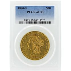 1880-S $20 Liberty Head Double Eagle Gold Coin PCGS AU53