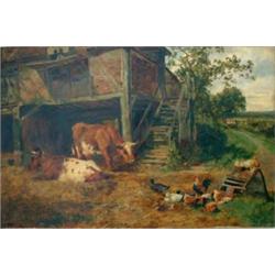 Claude Cardon (fl. 1892-1920) Oil on canvas Farmyard scene with cattle, chickens and ducks before...