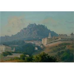 # 19th century Italian/Swiss School Gouache drawing Mountain landscape with monastery, town and g...