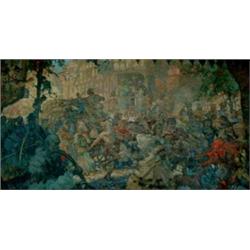 Angus Scott Oil on canvas The Pied Piper Signed 44.25ins x 23.25ins...