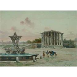 Federico Schianchi (1858-1919) Watercolour - a pair The Tiber, Rome and Figures by a fountain, Ro...