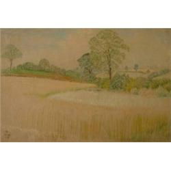 Joseph E Southall (1861-1944) - Pencil and coloured chalk drawing A lightly wooded landscape Sign...