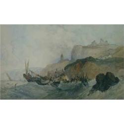 John Frances Salmon (1808-1886) - Watercolour Stormy coastal scene, Northumberland, with castle r...