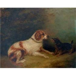 Circle of George Armfield (fl. 1849-1875) Oil on canvas Spaniel and terrier Unsigned 10ins x 12in...
