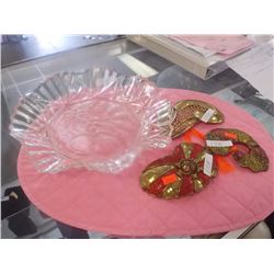 HAND FORGED AND CRAFTED BELT BUCKLES AND DEPRESSION GLASS DISH WITH RIPPLED ESDGE = 4 PC TTL