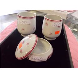 LIMOGE DRESSER SET - 3 PC TTL - 2 CUPS AND LIDDED TRINKET DISH - FLOWER PRINT