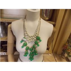NECKLACE - LARGE GREEN JADE LIKE BEADS AND GOLDEN LINK CHAIN - PLUS NECKLACE WITH WHITE BEEDS = 2 TT