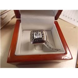 RING - EMERAL FACETTED SMOKY QUARTZ IN STAMPED 925 STERLING SILVER SETTING - SQUARE FRAMED ACCENT SE