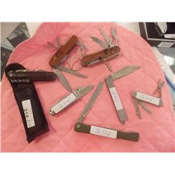 ASSORTED KNIVES - 7 TTL - INCLUDES CARVED MULTI BLADE KNIFE AND MORE