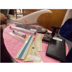 VINTAGE OFFICE SET - INCLUDES STAPLER, WHOLE PUNCH, DRAFTING RULERS AND CALCULATOR AND MORE - ALL ON